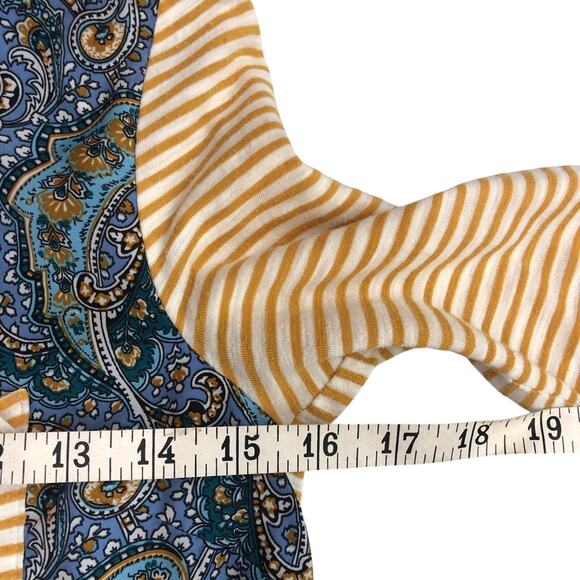 Y2k Anthropologie Postage Stamp Mix Media Popover Top Yellow Blue Paisley Print - Picture 9 of 16